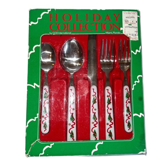 Vintage CGS International Stainless Christmas Tree Silverware 20 Piece Set Holly - Picture 1 of 11